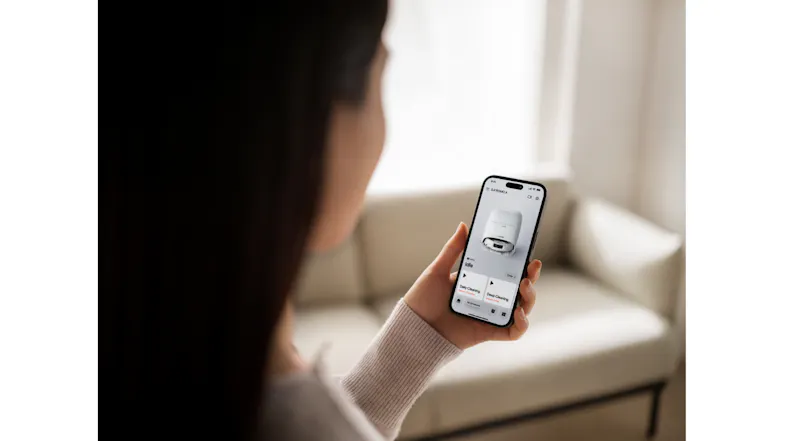 A smartphone app displays a "Daily Cleaning" control interface A smartphone app displays a "Daily Cleaning" control interface