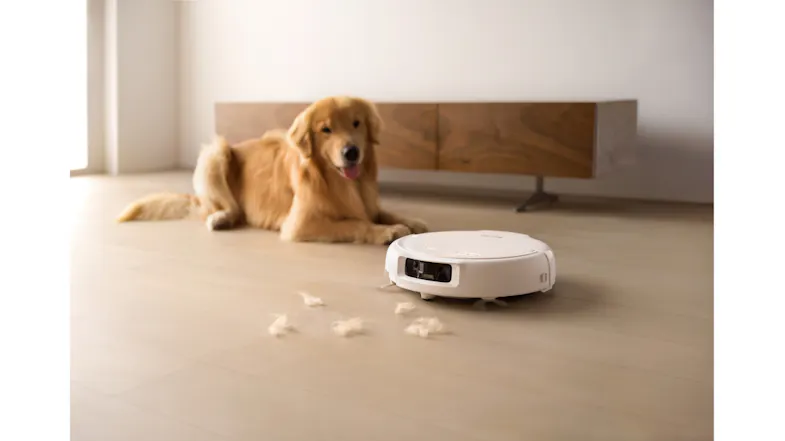 Circular vacuum approaching a tuft of pet hair on a glossy floor Circular vacuum approaching a tuft of pet hair on a glossy floor