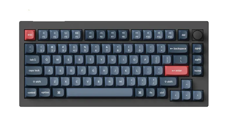 A front angled view of the Keychron V1 MAX D3 Wireless 60%? Mechanical Keyboard in a dark finish A front angled view of the Keychron V1 MAX D3 Wireless 60%? Mechanical Keyboard in a dark finish