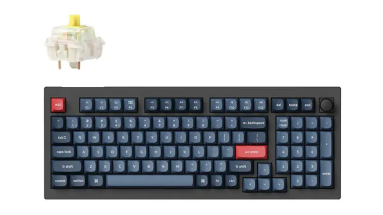 Keychron V5 MAX Wireless 96% QMK/VIA Mechanical Keyboard with blue keycaps, red accent keys, and rotary volume knob Keychron V5 MAX Wireless 96% QMK/VIA Mechanical Keyboard with blue keycaps, red accent keys, and rotary volume knob