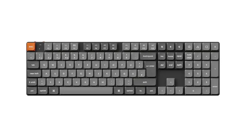 A front angled view of the Keychron K5 MAX Wired QMK/VIA 100% Mechanical Keyboard with Gateron Low Profile Red Switched A front angled view of the Keychron K5 MAX Wired QMK/VIA 100% Mechanical Keyboard with Gateron Low Profile Red Switched