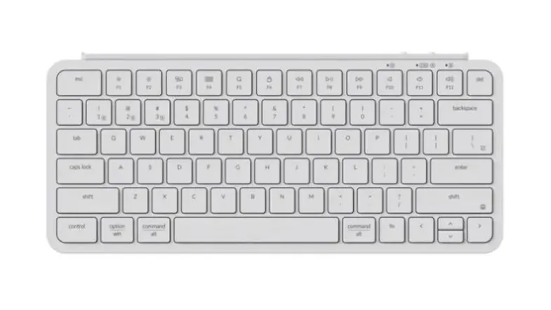 Slim white Keychron B1 Pro wireless keyboard with rounded keys and a full layout, including a function row and arrow keys Slim white Keychron B1 Pro wireless keyboard with rounded keys and a full layout, including a function row and arrow keys