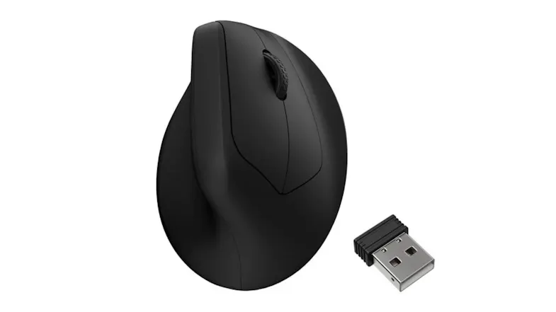 A side-by-side angled view of the Keychron M5 8KHz Wireless Mouse and its USB connector in black finish A side-by-side angled view of the Keychron M5 8KHz Wireless Mouse and its USB connector in black finish