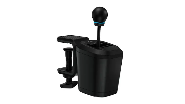Angled front-left view of the Logitech G RS H Shifter in black, showing the rounded gear knob and shift plate Angled front-left view of the Logitech G RS H Shifter in black, showing the rounded gear knob and shift plate