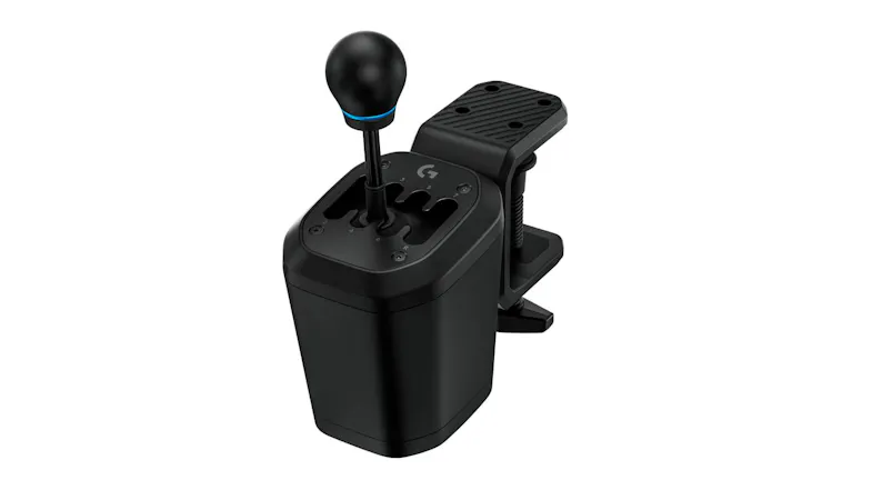 Three-quarter top view of the shifter, emphasising the gear knob, shift pattern plate, and textured clamp arm Three-quarter top view of the shifter, emphasising the gear knob, shift pattern plate, and textured clamp arm