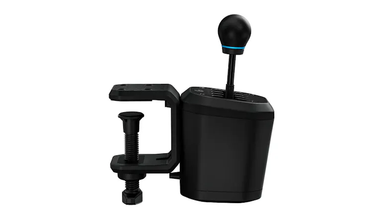 Left side view of the shifter mounted to a desk clamp, showing the clamp screw and the full height of the gear lever Left side view of the shifter mounted to a desk clamp, showing the clamp screw and the full height of the gear lever
