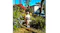 A photo capture of a woman and a brown dog sitting on a bench in a sunny garden A photo capture of a woman and a brown dog sitting on a bench in a sunny garden