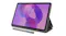 A tablet held horizontally in a grey stand with a stylus in front A tablet held horizontally in a grey stand with a stylus in front