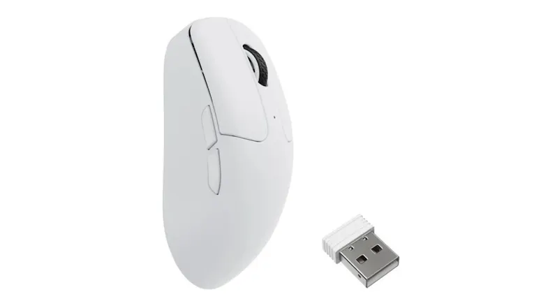 A side-by-side angled view of the Keychron M2 8KHz Wireless Mouse and its receiver in white finish A side-by-side angled view of the Keychron M2 8KHz Wireless Mouse and its receiver in white finish