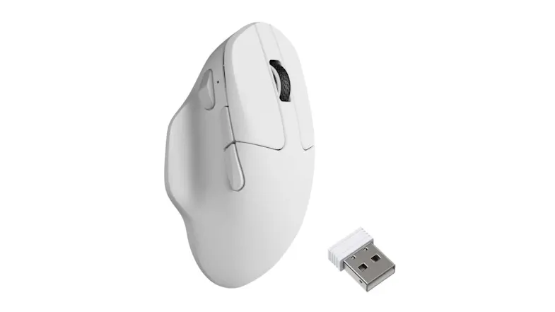 White ergonomic Keychron M7 8KHz wireless mouse with side buttons and a scroll wheel, shown next to a small USB wireless receiver White ergonomic Keychron M7 8KHz wireless mouse with side buttons and a scroll wheel, shown next to a small USB wireless receiver