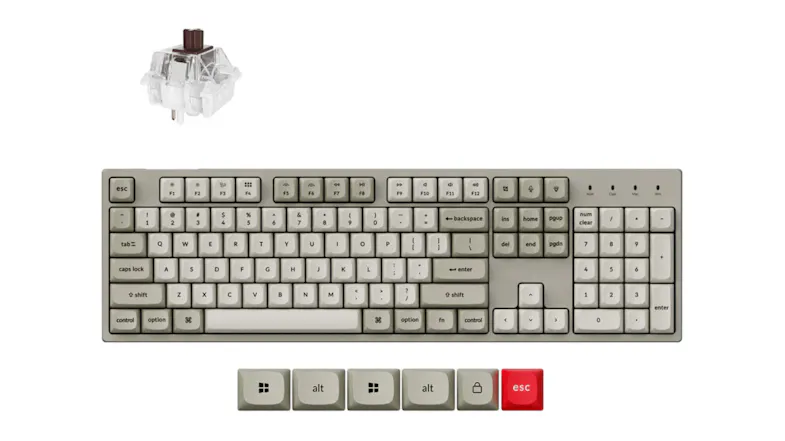 Mechanical Keychron C2 Pro 8K wired QMK 100% keyboard in grey with white keys, a red Escape key, loose keycaps below, and a single switch above Mechanical Keychron C2 Pro 8K wired QMK 100% keyboard in grey with white keys, a red Escape key, loose keycaps below, and a single switch above
