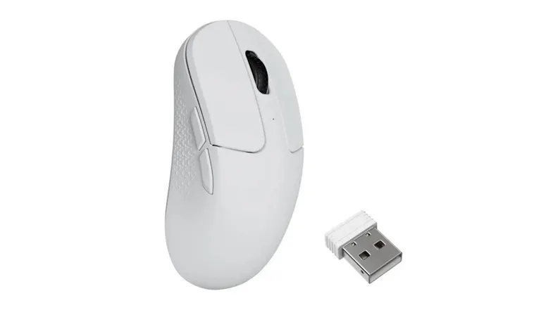 A side-by-side angled view of the Keychron M3 Mini 8KHz Wireless Mouse in white finish A side-by-side angled view of the Keychron M3 Mini 8KHz Wireless Mouse in white finish
