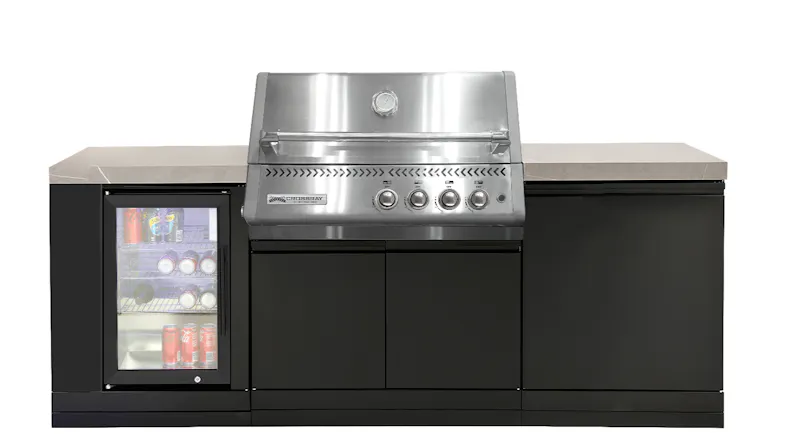 Front view of the Crossray Compact XPlor 4‑Burner Gas BBQ Outdoor Kitchen with Fridge in stainless steel Front view of the Crossray Compact XPlor 4‑Burner Gas BBQ Outdoor Kitchen with Fridge in stainless steel