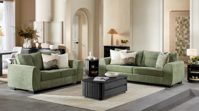 Wide shot of the Botany Sofa positioned in a styled living room with matching furniture Wide shot of the Botany Sofa positioned in a styled living room with matching furniture