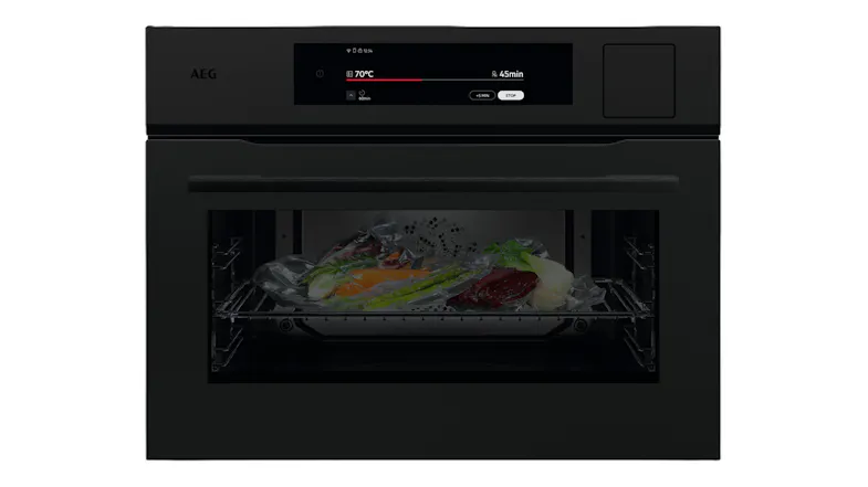 AEG 45cm Built-In Compact Smart AI Steam Oven in a sleek matte black colour AEG 45cm Built-In Compact Smart AI Steam Oven in a sleek matte black colour