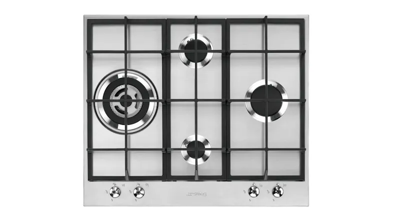 Top‑down view of the Smeg Classic 60 cm stainless steel gas cooktop Top‑down view of the Smeg Classic 60 cm stainless steel gas cooktop