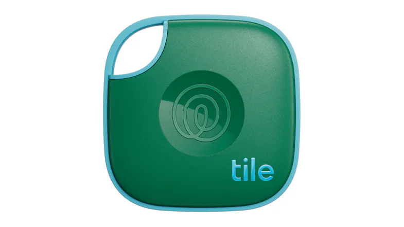 Front view of a square Tile Mate tracker in green with a light blue border Front view of a square Tile Mate tracker in green with a light blue border