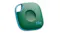 Angled view of the green Tile Mate tracker showing the blue trim and keyring hole Angled view of the green Tile Mate tracker showing the blue trim and keyring hole