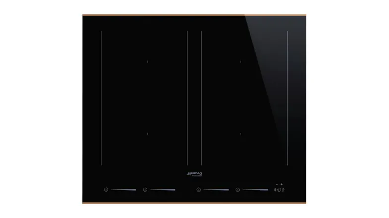 Top‑down view of a black Smeg Dolce Stil Novo 60 cm induction cooktop with four distinct cooking zones Top‑down view of a black Smeg Dolce Stil Novo 60 cm induction cooktop with four distinct cooking zones