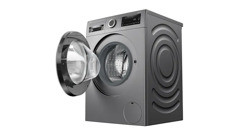 Angled view of the washing machine with a visible steel drum Angled view of the washing machine with a visible steel drum