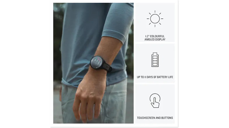 Person wearing the watch next to the battery and display icons Person wearing the watch next to the battery and display icons