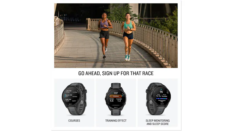 Two women running on a path above icons for courses and sleep stats Two women running on a path above icons for courses and sleep stats