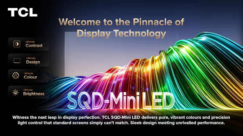 Promotional slide for SQD-Mini LED with flowing neon light trails Promotional slide for SQD-Mini LED with flowing neon light trails