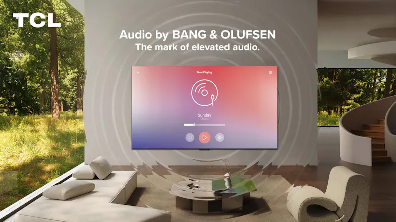 Living room setting with sound waves radiating from the TV screen Living room setting with sound waves radiating from the TV screen
