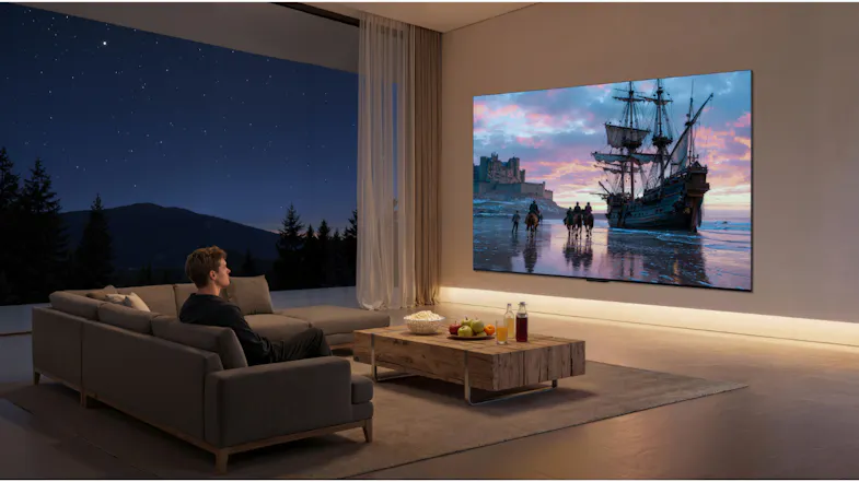A man sits on a couch watching a pirate ship on a wall-sized screen A man sits on a couch watching a pirate ship on a wall-sized screen