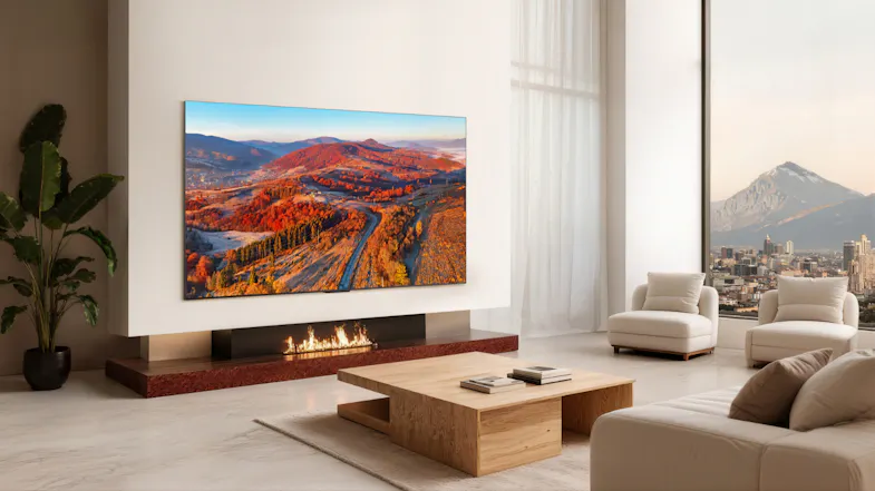 Wall-mounted Google TV above a linear fireplace showing a mountain road Wall-mounted Google TV above a linear fireplace showing a mountain road