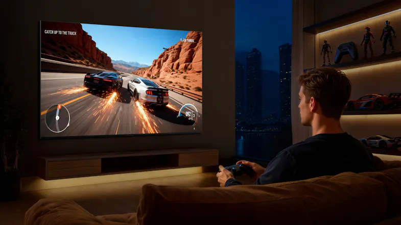 A person plays a racing game on the TV in a dark, arcade room A person plays a racing game on the TV in a dark, arcade room