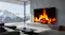 A TCL TV displaying a bright campfire in a room with a snowy peak view A TCL TV displaying a bright campfire in a room with a snowy peak view