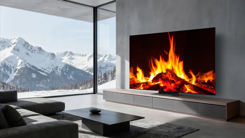 A TCL TV displaying a bright campfire in a room with a snowy peak view A TCL TV displaying a bright campfire in a room with a snowy peak view