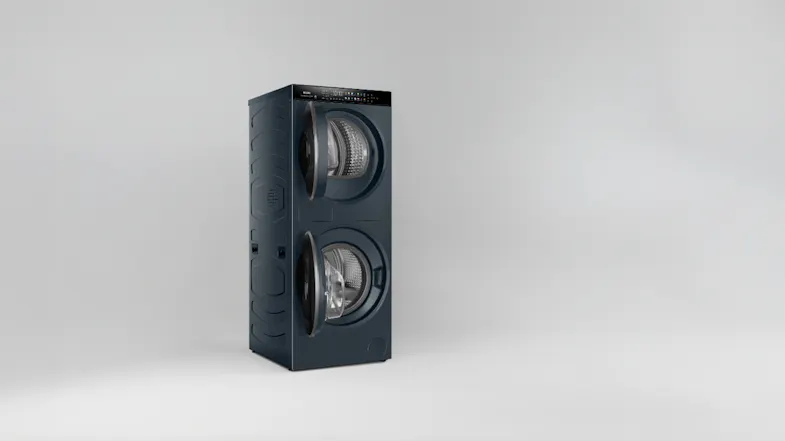 Haier stacked washer-dryer unit with both doors open Haier stacked washer-dryer unit with both doors open