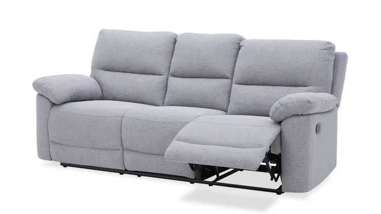 The three‑seat sofa shown at an angle with one recliner footrest partially extended The three‑seat sofa shown at an angle with one recliner footrest partially extended