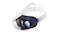 A white reality headset with glowing display lenses A white reality headset with glowing display lenses