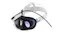 A compatible white reality headset with glowing display lenses A compatible white reality headset with glowing display lenses
