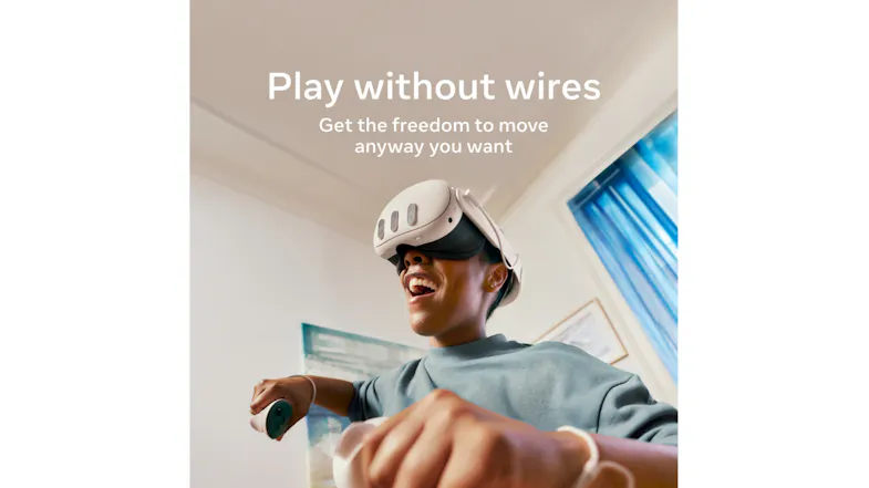 Person enjoying wireless VR gameplay with the Meta Quest 3 headset and controllers Person enjoying wireless VR gameplay with the Meta Quest 3 headset and controllers