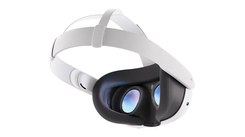 A white reality headset with glowing display lenses A white reality headset with glowing display lenses