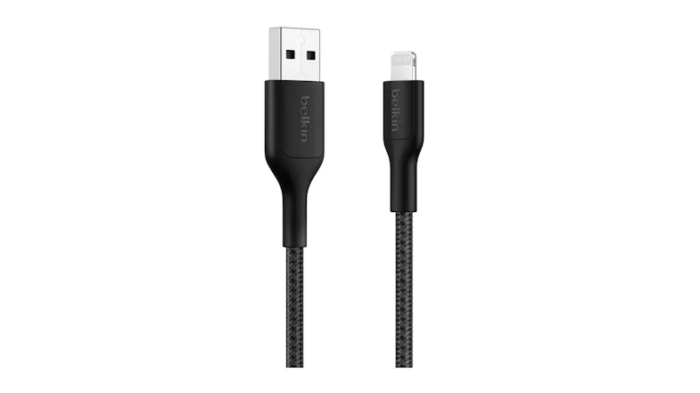 Close-up view of USB-A and lightning connectors on a braided cable Close-up view of USB-A and lightning connectors on a braided cable