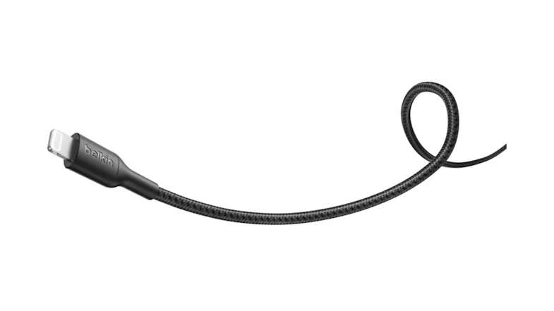 Angled view of a Lightning connector with a looped cable end Angled view of a Lightning connector with a looped cable end