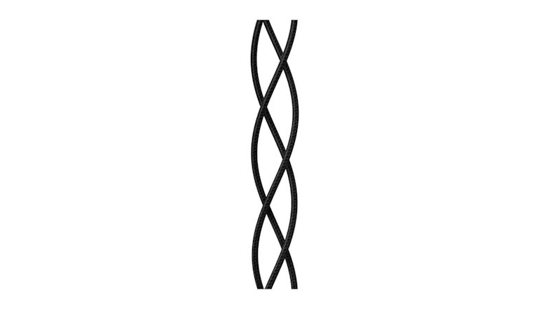 Three strands of black braided cable are intertwined in a vertical braid Three strands of black braided cable are intertwined in a vertical braid