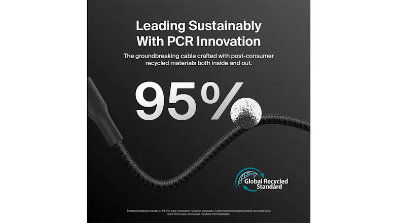 Textured cable with "95%" text highlighting recycled material content Textured cable with "95%" text highlighting recycled material content