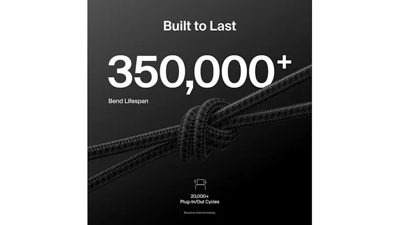 Knotted braided cable with "350,000+" bend lifespan text Knotted braided cable with "350,000+" bend lifespan text