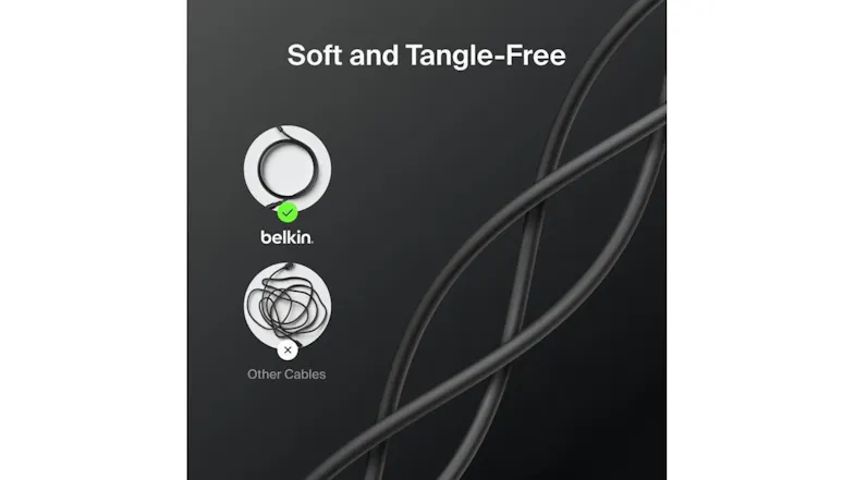Comparison graphic labelled “Soft and Tangle‑Free,” showing a neatly coiled Belkin cable Comparison graphic labelled “Soft and Tangle‑Free,” showing a neatly coiled Belkin cable