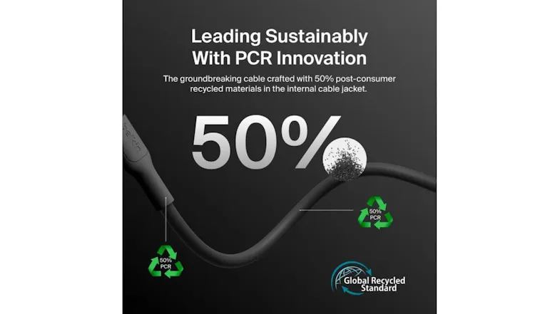 Promotional graphic of the Belkin black cable highlighting sustainability features Promotional graphic of the Belkin black cable highlighting sustainability features