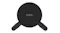 A flat, circular, black magnetic charger with a centred logo A flat, circular, black magnetic charger with a centred logo