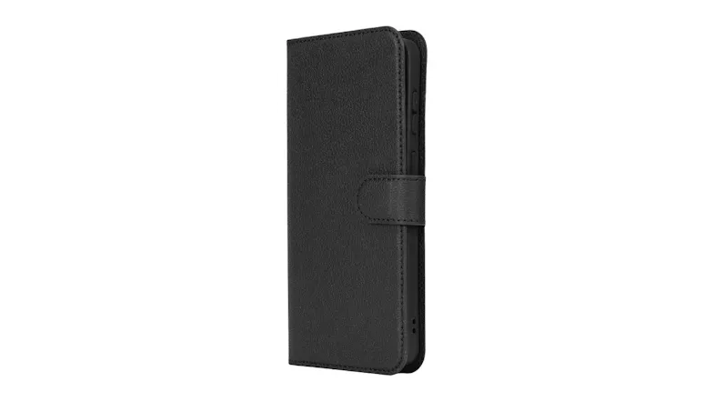 Angled front-side view of the closed black Mobling Case, showing the magnetic strap closure Angled front-side view of the closed black Mobling Case, showing the magnetic strap closure
