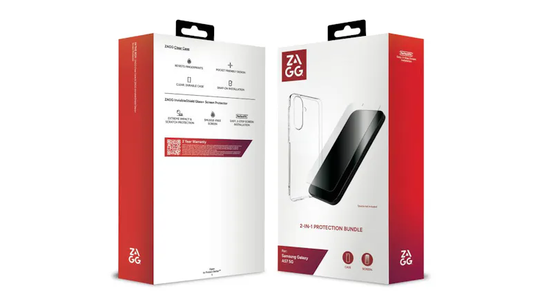Angled front and back view of the Zagg 2‑in‑1 Protection Bundle packaging for Samsung Galaxy A57 Angled front and back view of the Zagg 2‑in‑1 Protection Bundle packaging for Samsung Galaxy A57