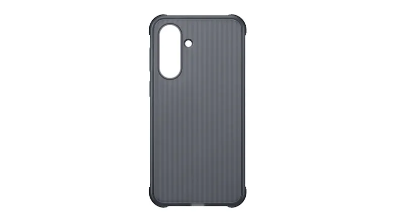 Rear view of the case in black, featuring a textured, vertically lined back, reinforced corners Rear view of the case in black, featuring a textured, vertically lined back, reinforced corners